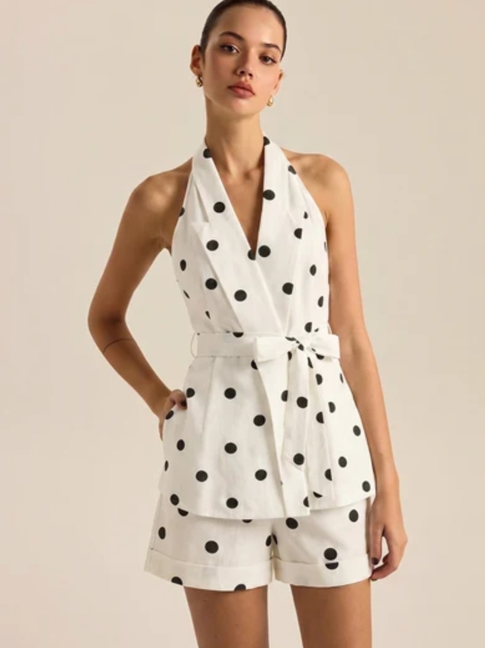 Commense Polka Dot Halter Tie-Waist and Shorts Set  - White/Black
